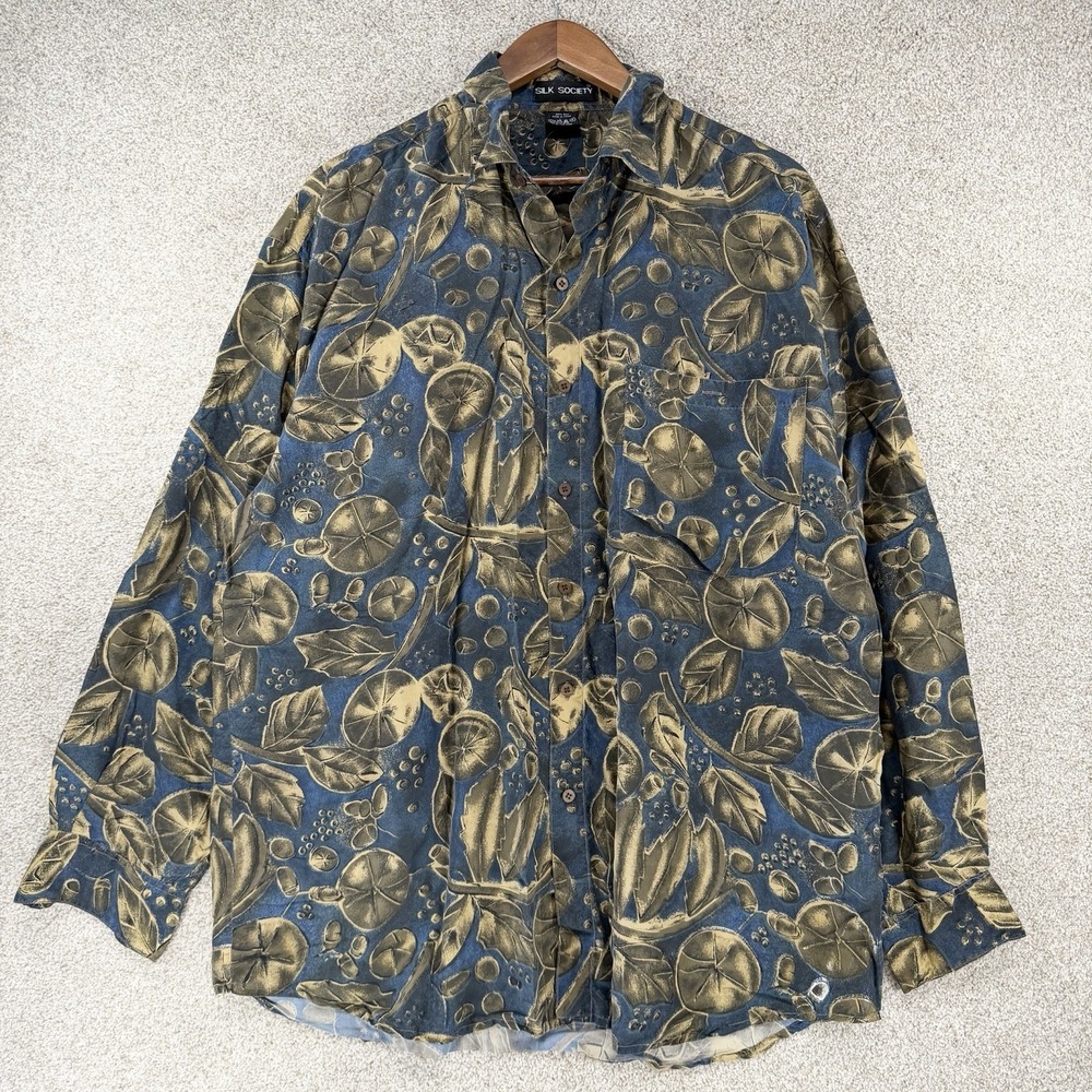 VTG Silk Society 100% Silk Abstract Button Shirt Mens L Botanical Casual Hawaii